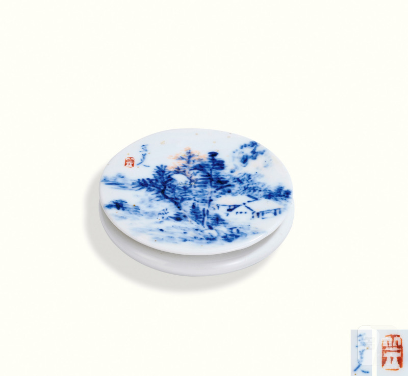 清光绪 程门款青花矾红雪景山水图小印泥盒